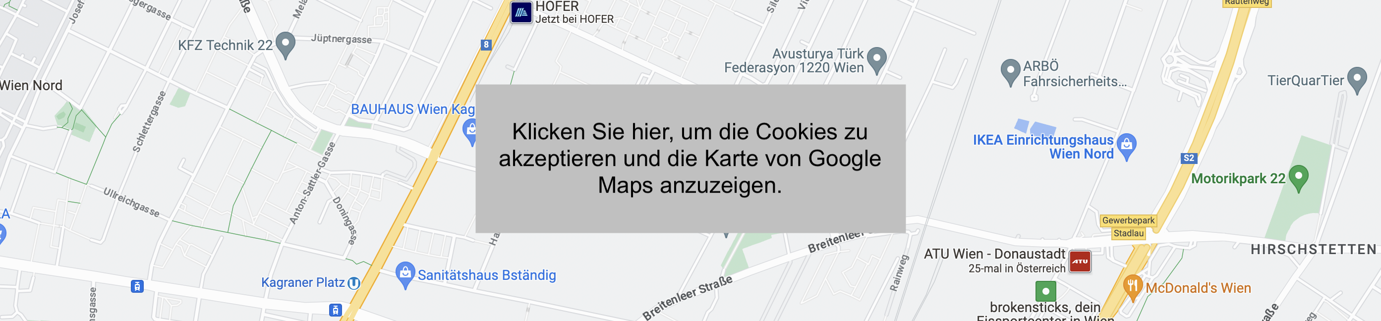 Ein Vorschau einer Karte, die auf dem Desktop angezeigt wird, wenn der Nutzer den Cookies nicht zustimmt. 