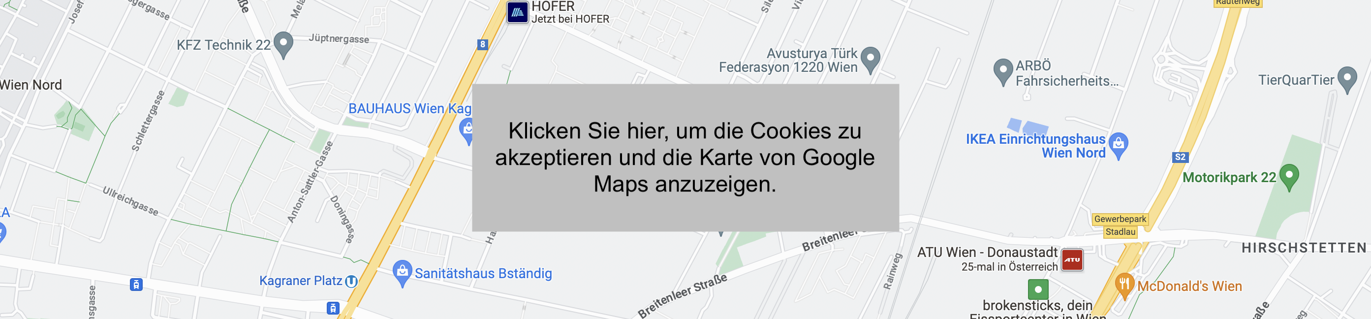 Ein Vorschau einer Karte, die auf dem Desktop angezeigt wird, wenn der Nutzer den Cookies nicht zustimmt.