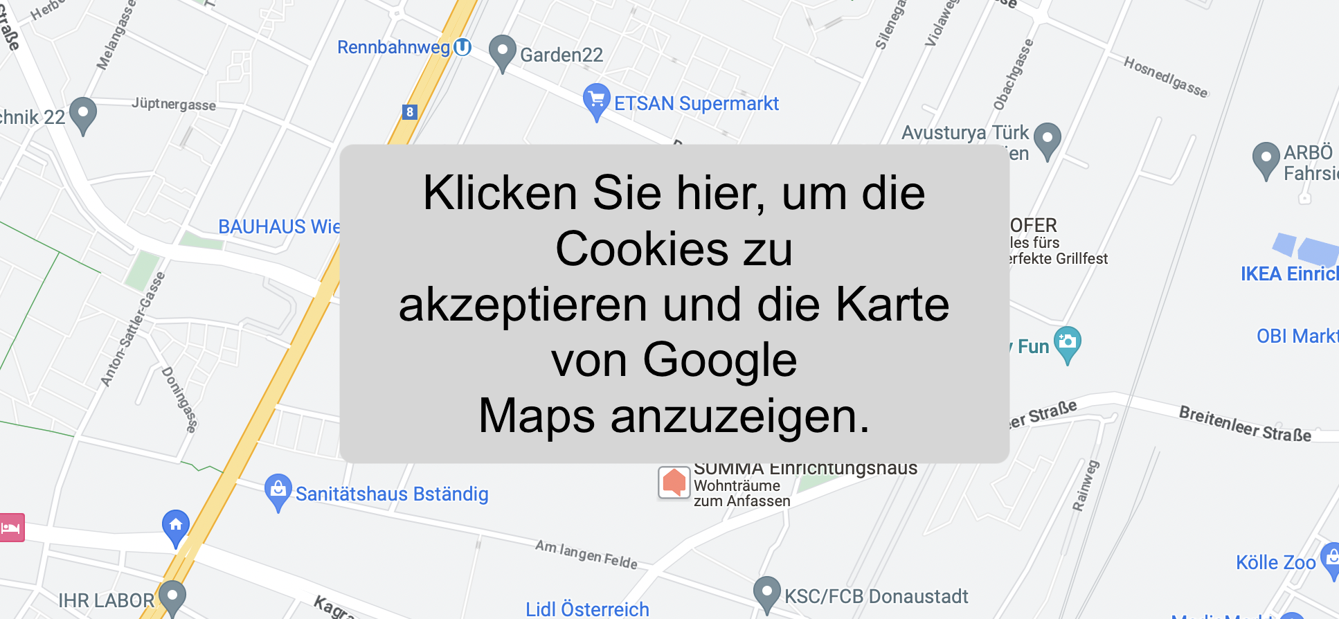 Ein Vorschau einer Karte, die auf dem Handy angezeigt wird, wenn der Nutzer den Cookies nicht zustimmt.